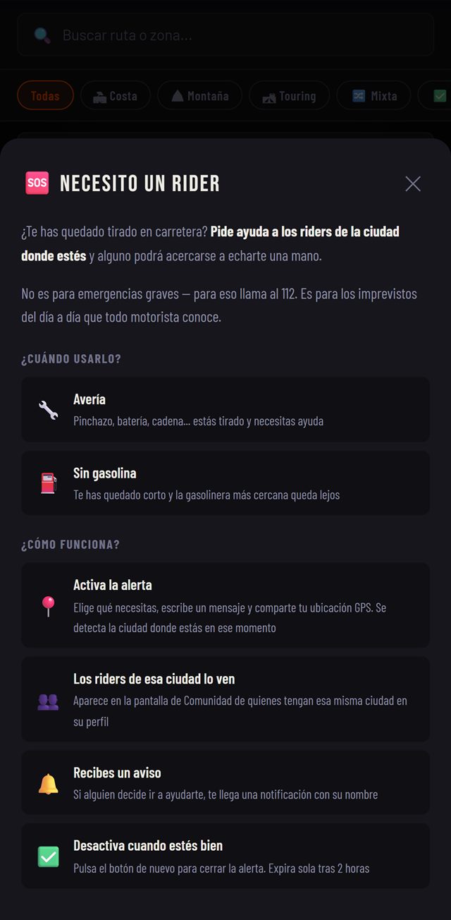 Función Necesito un rider: pedir ayuda a los moteros de tu ciudad si tienes una avería o te quedas sin gasolina